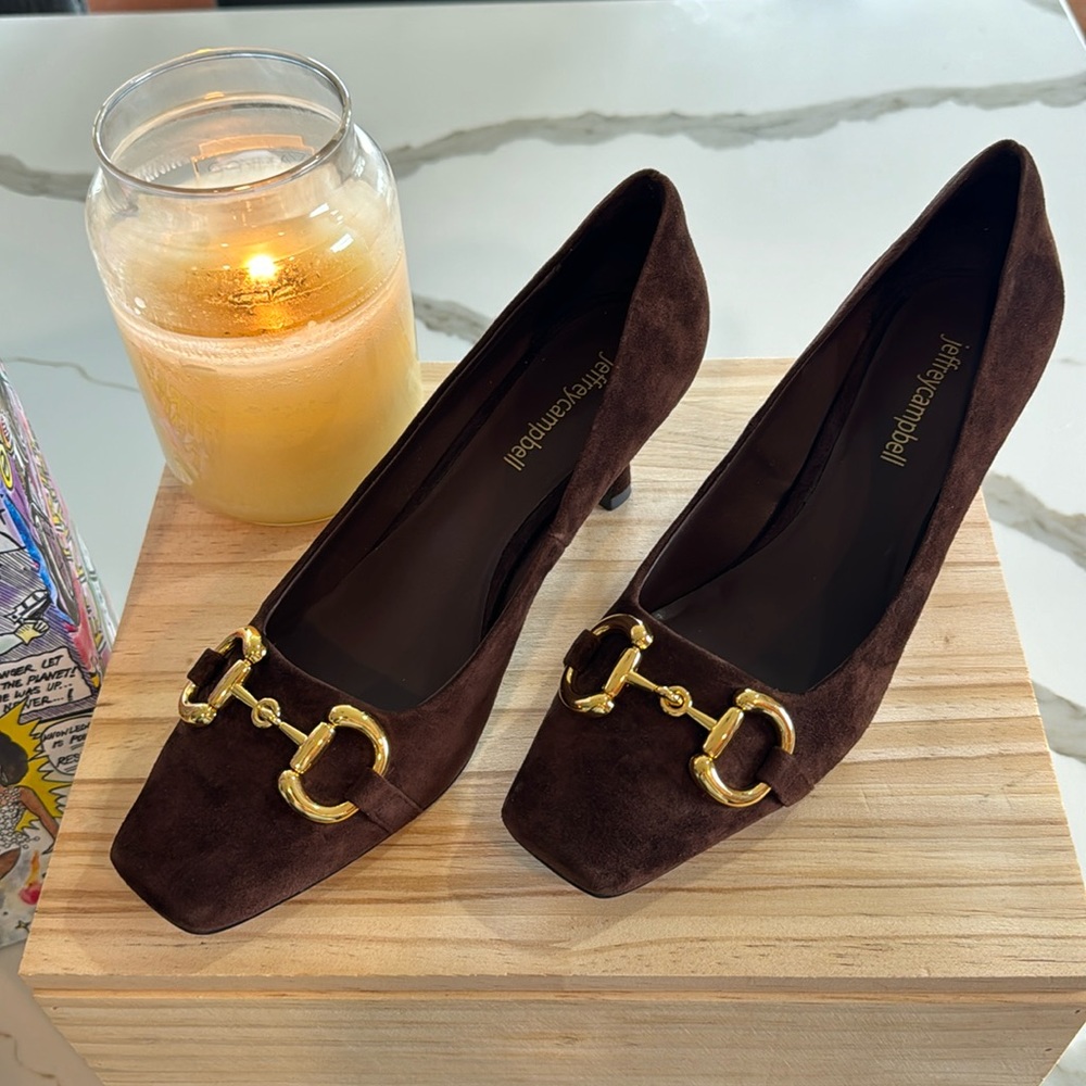 Jeffrey Campbell Linnae Dark Brown Suede with Gold Buckle size 7.5